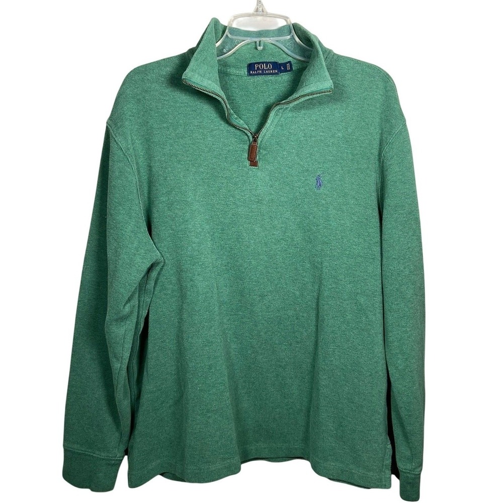 Polo Ralph Lauren Quarter Zip Pullover Mens Large Green Cotton Pony Logo Sweater